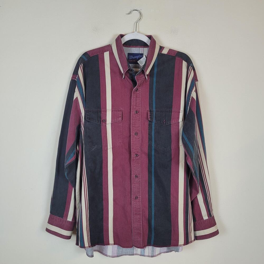 Vintage Wrangler Shirt Mens 17.5x35 Multicolor Stripe Long Sleeve Western Cowboy